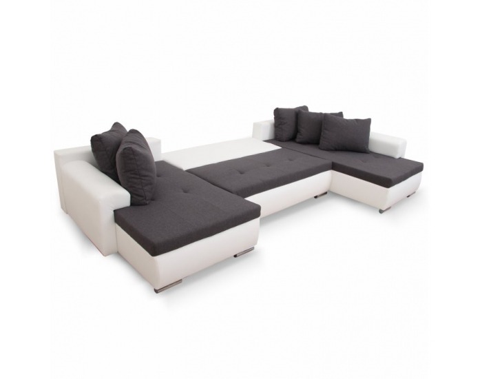 Rohová sedačka U s rozkladom Frankfurt L/P - biela ekokoža / sivý šenil