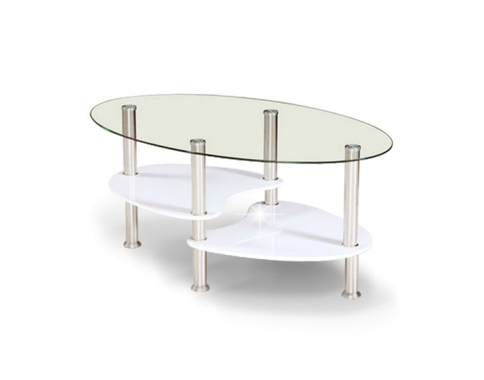Konferenčný stolík Axel - oceľ / číre sklo / biely vysoký lesk