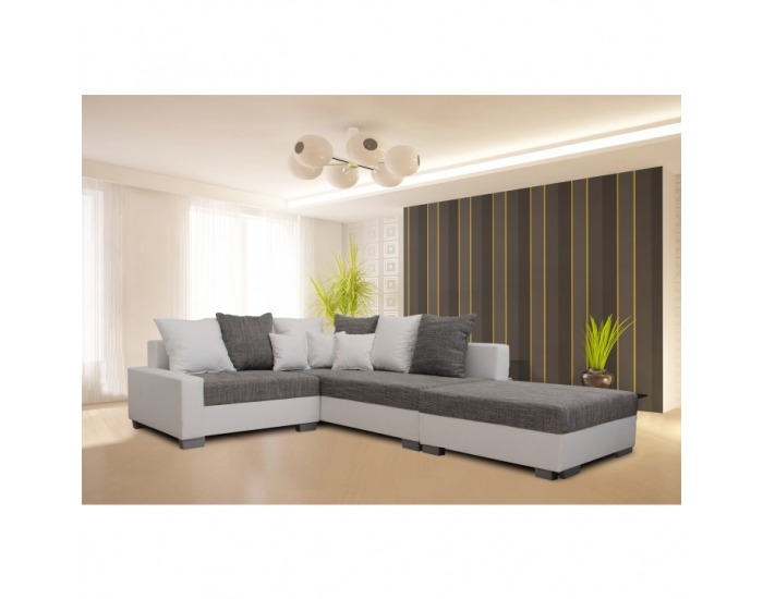 Rohová sedačka s rozkladom Petrana P - biela ekokoža / sivý melírovaný šenil