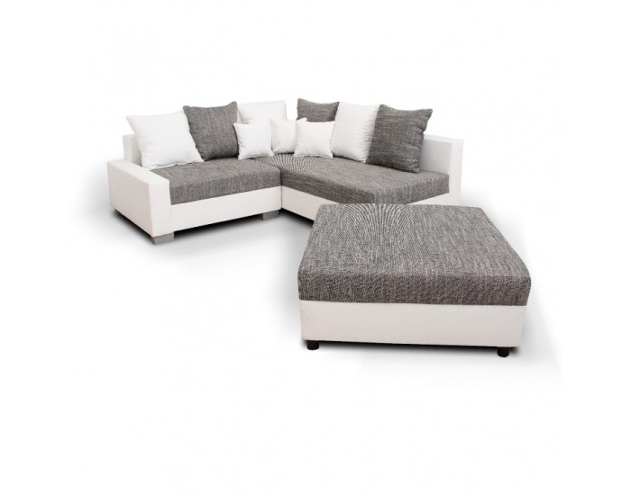 Rohová sedačka s rozkladom Petrana P - biela ekokoža / sivý melírovaný šenil