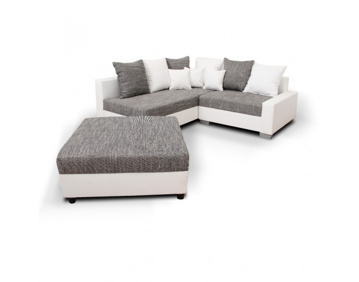 Rohová sedačka s rozkladom Petrana L - biela ekokoža / sivý melírovaný šenil
