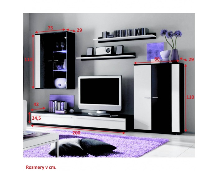 Obývacia stena Canes - biela / čierny vysoký lesk