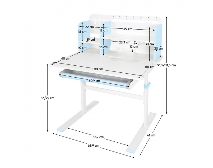 Rastúci písací stolík Adan - modrá / biela