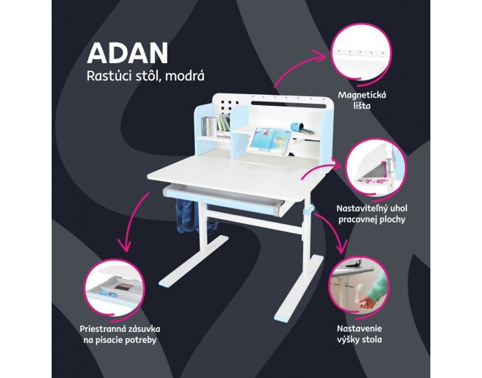 Rastúci písací stolík Adan - modrá / biela