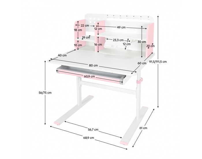 Rastúci písací stolík Adan - ružová / biela