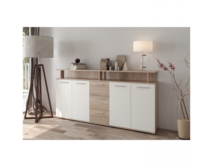 Štvordverová komoda so zásuvkami Albi - dub sonoma / biela