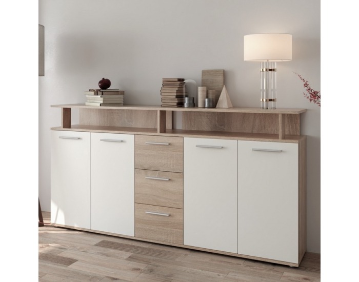 Štvordverová komoda so zásuvkami Albi - dub sonoma / biela