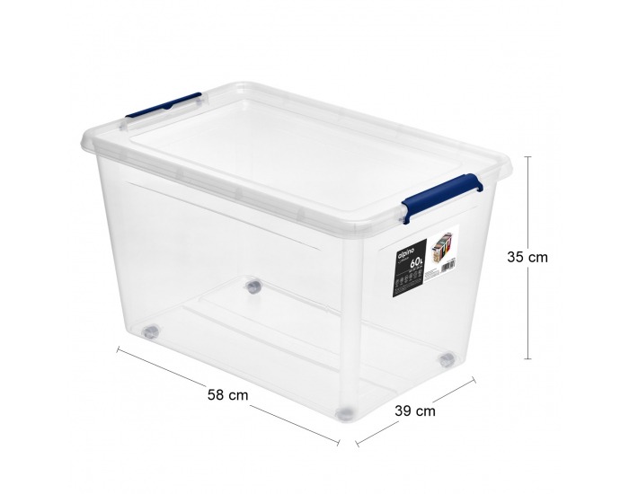 Plastový úložný box na kolieskach Alpino 60 l - priehľadná