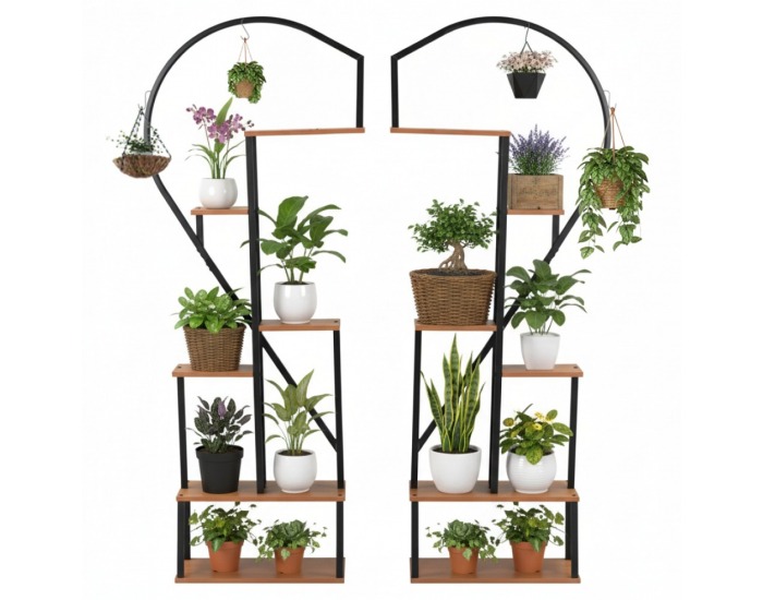 Kovový stojan na kvety (2 ks) Amadis - čierna / dub