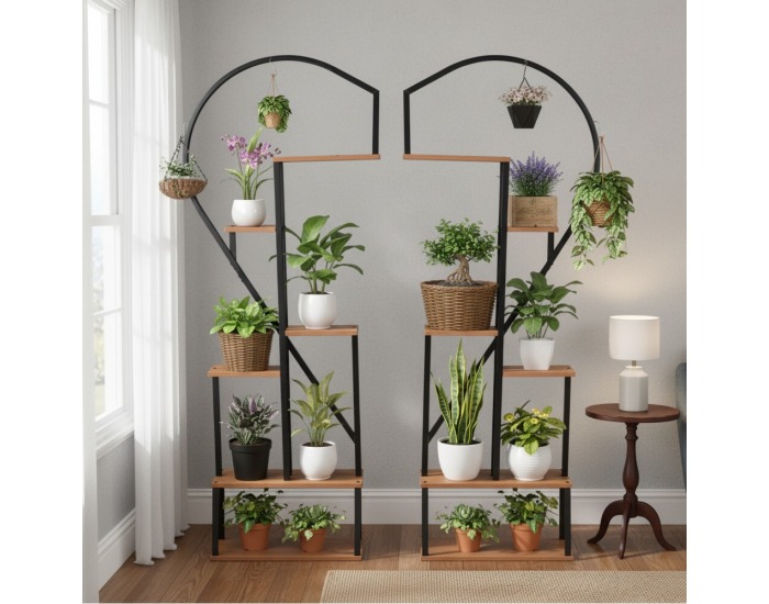 Kovový stojan na kvety (2 ks) Amadis - čierna / dub