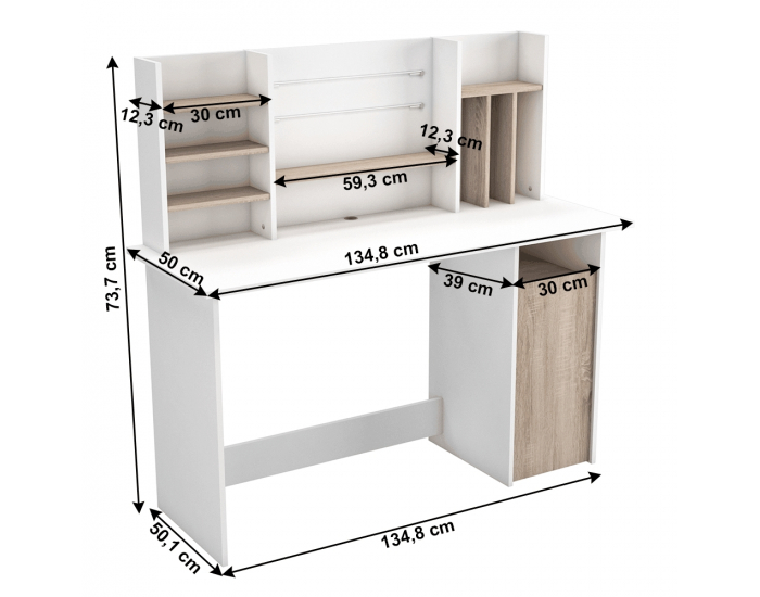 Písací stôl s poličkou Ambre - biela / dub brushed