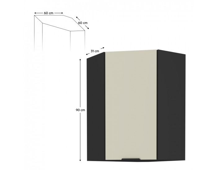 Horná rohová kuchynská skrinka Araka 60x60 GN-90 1F - kašmír / čierna