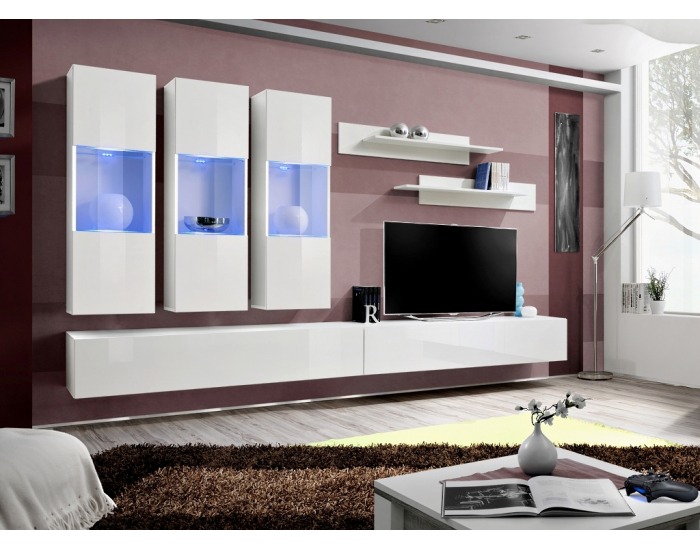 Obývacia stena s osvetlením Fly E2 WW - biela / biely vysoký lesk