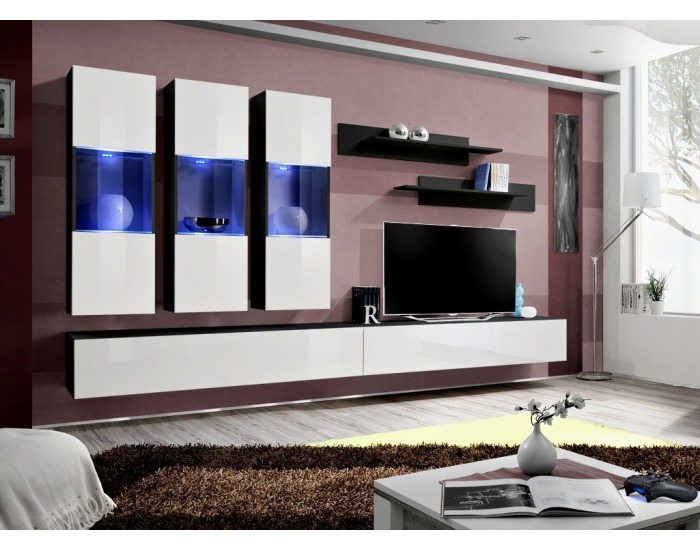 Obývacia stena s osvetlením Fly E2 ZW - čierna / biely vysoký lesk