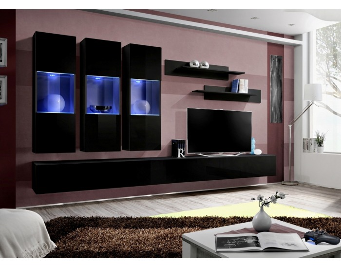 Obývacia stena s osvetlením Fly E2 ZZ - čierna / čierny vysoký lesk
