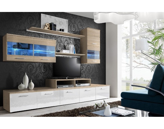 Obývacia stena s osvetlením Logo II DSW - dub sonoma / dub sonoma-biely vysoký lesk