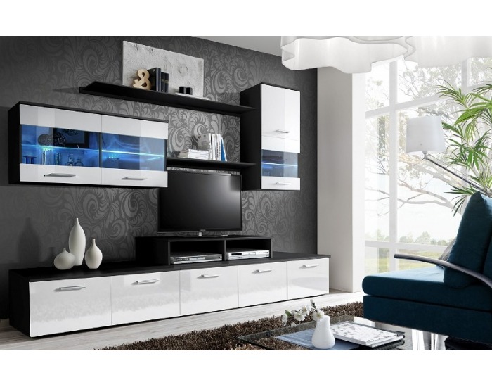 Obývacia stena s osvetlením Logo II ZW - čierna / biely vysoký lesk