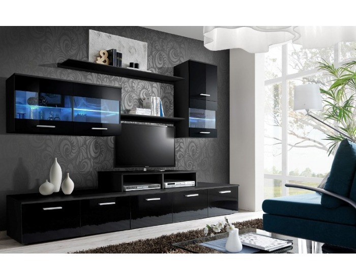Obývacia stena s osvetlením Logo II ZZ - čierna / čierny vysoký lesk