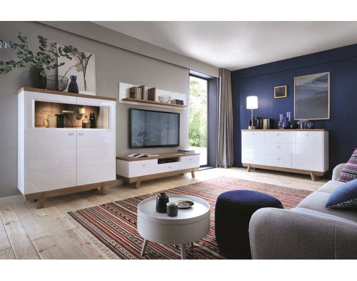 Obývacia izba Aspen - biely vysoký lesk / dub (Grande 01)
