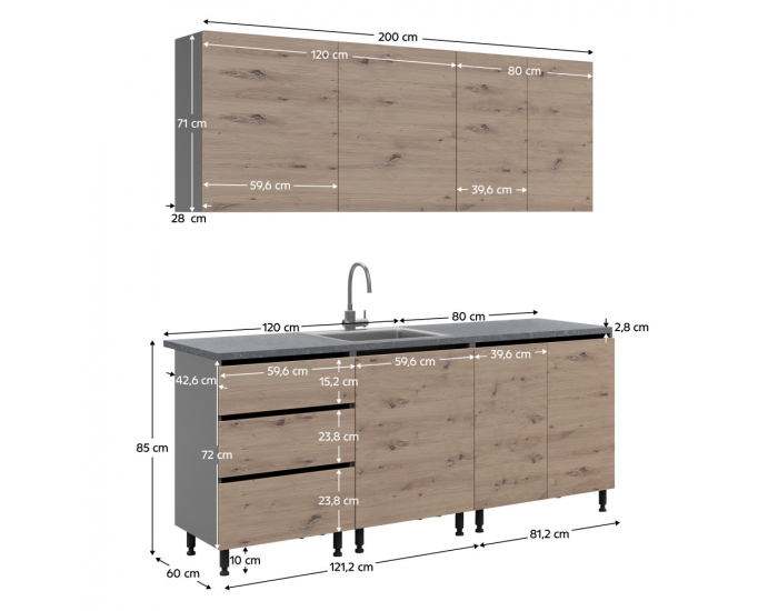 Kuchynská linka Asti 200 - dub artisan / grafit