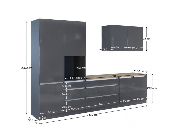Kuchynská linka Asti 330 - antracit extra vysoký lesk / antracit