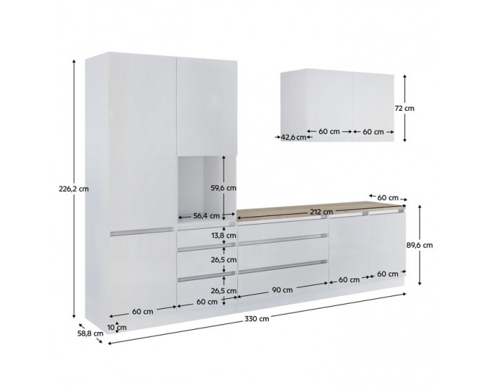 Kuchynská linka Asti 330 - biela extra vysoký lesk / biela