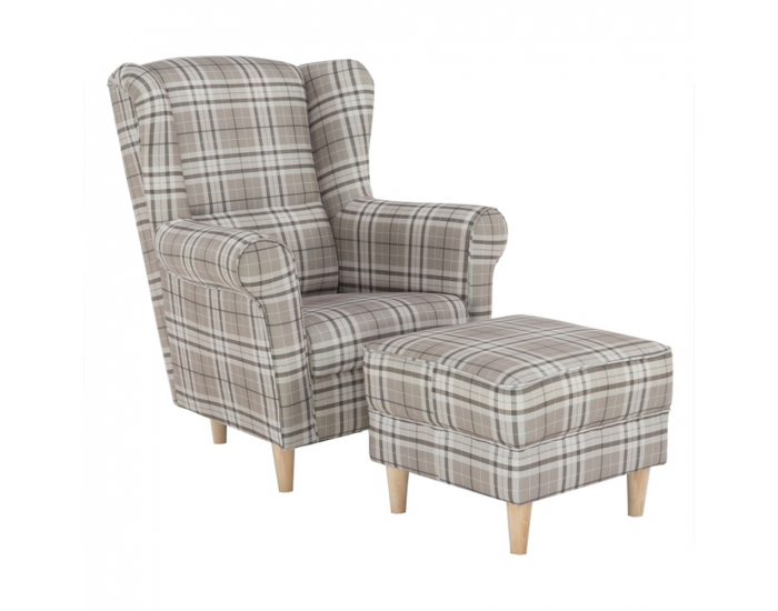 Kreslo (ušiak) s taburetkou Astrid - buk / hnedá károvaná