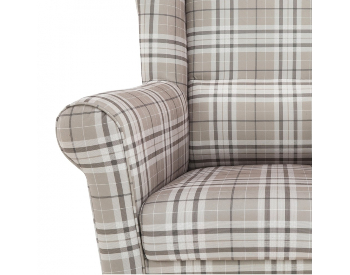 Kreslo (ušiak) s taburetkou Astrid - buk / hnedá károvaná