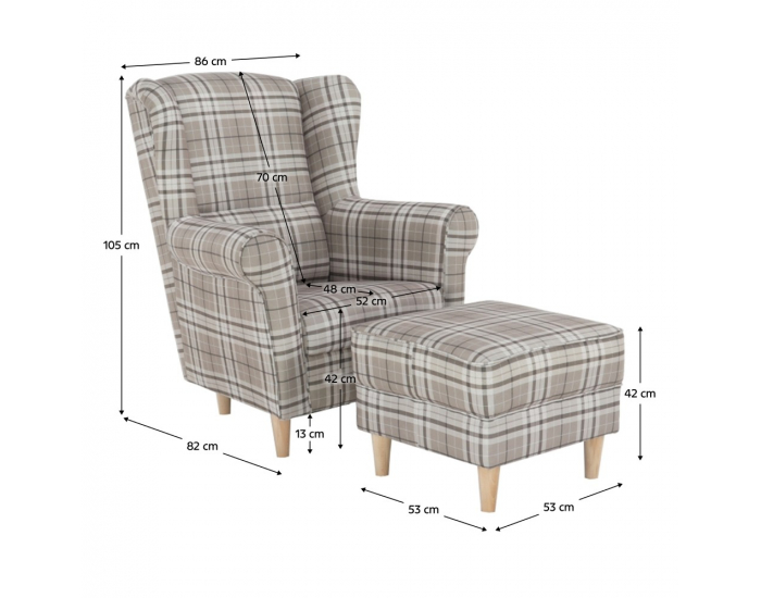 Kreslo (ušiak) s taburetkou Astrid - buk / hnedá károvaná