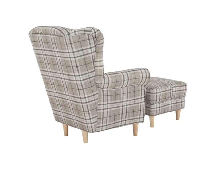 Kreslo (ušiak) s taburetkou Astrid - buk / hnedá károvaná