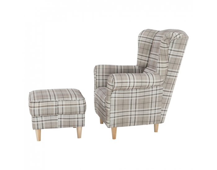 Kreslo (ušiak) s taburetkou Astrid - buk / hnedá károvaná