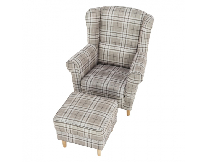 Kreslo (ušiak) s taburetkou Astrid - buk / hnedá károvaná