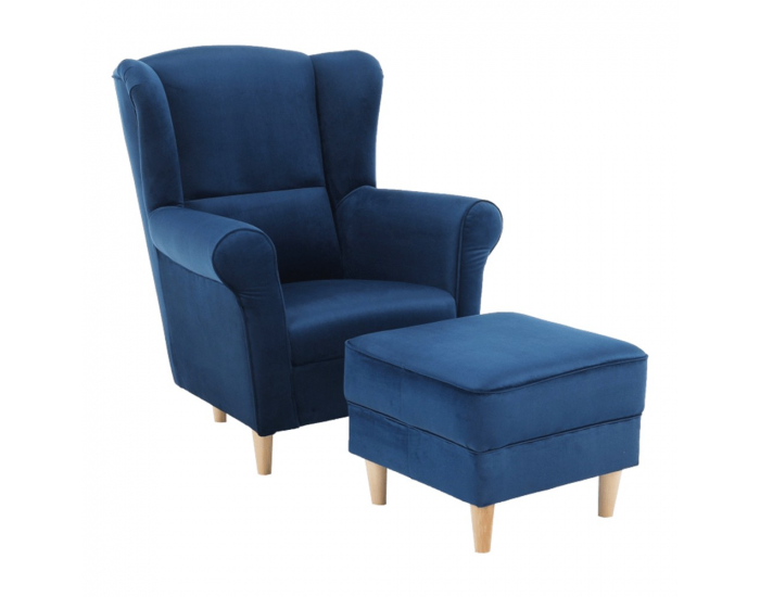 Kreslo (ušiak) s taburetkou Astrid - modrá