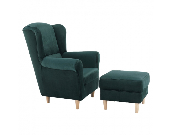 Kreslo (ušiak) s taburetkou Astrid - smaragdová