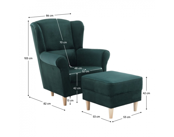 Kreslo (ušiak) s taburetkou Astrid - smaragdová