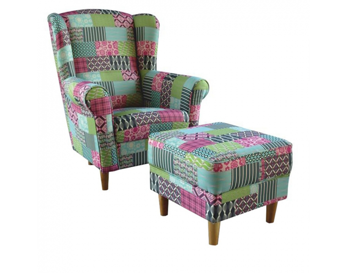 Kreslo (ušiak) s taburetkou Astrid - vzor patchwork M1