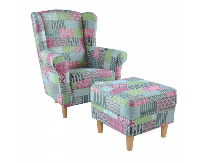 Kreslo (ušiak) s taburetkou Astrid - vzor patchwork M1