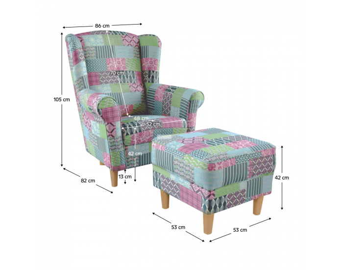 Kreslo (ušiak) s taburetkou Astrid - vzor patchwork M1