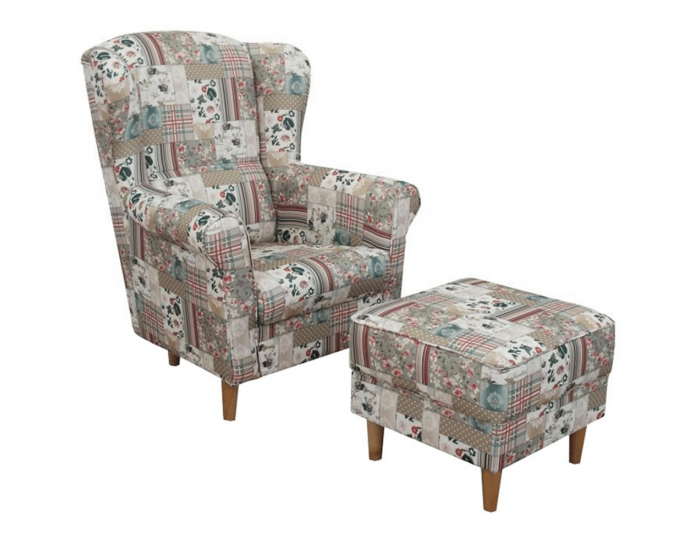 Kreslo (ušiak) s taburetkou Astrid - vzor patchwork Viorica 1