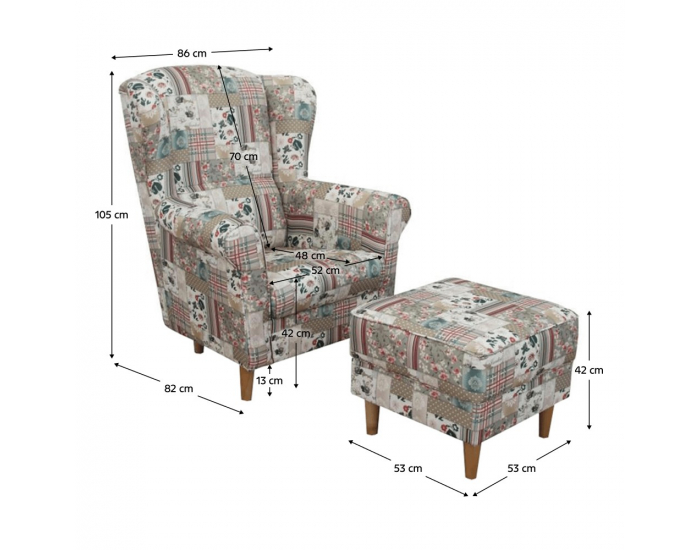 Kreslo (ušiak) s taburetkou Astrid - vzor patchwork Viorica 1