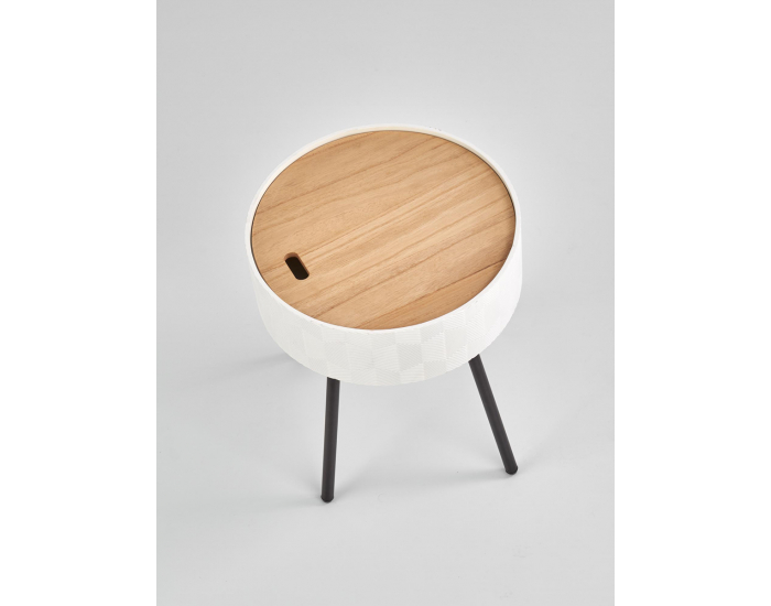 Okrúhly príručný stolík s úložným priestorom Aura - biela / čierna / prírodná