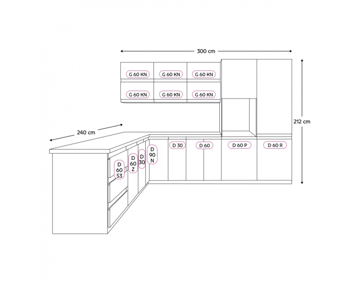 Rohová kuchynská linka Aurora P 300x240 - sivá / biela