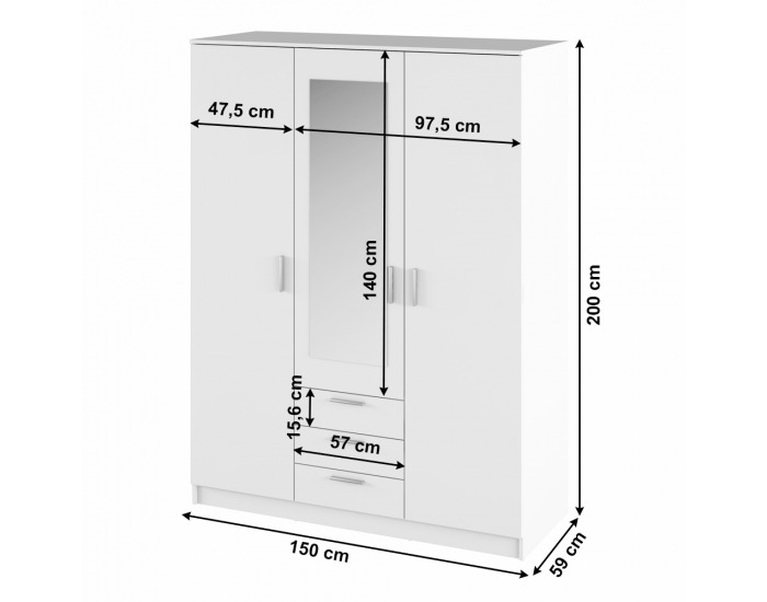 Trojdverová šatníková skriňa so zrkadlom a zásuvkami Bargo - biela