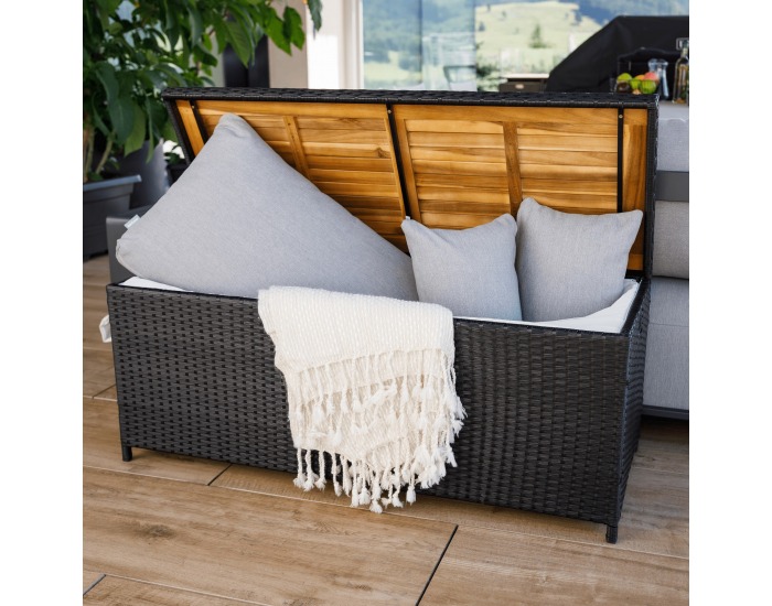 Záhradný úložný box / lavica Bemus - čierna, prírodná, krémová