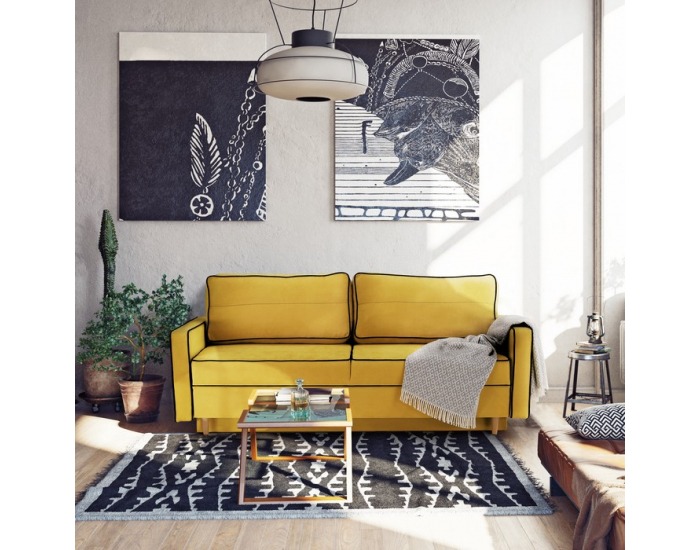 Rozkladacia pohovka s úložným priestorom Bernia - žltá / čierna / buk