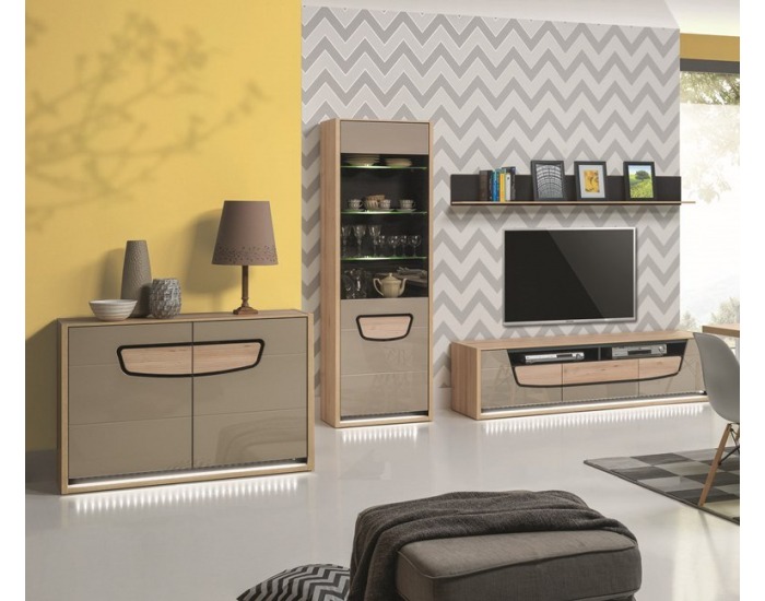 Komoda s osvetlením Enzo EN 3 - buk mat / béžový lesk