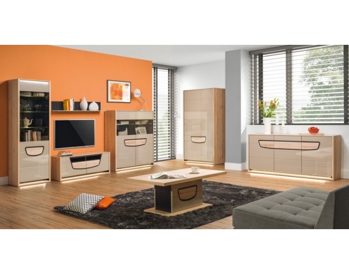 Komoda s osvetlením Enzo EN 3 - buk mat / béžový lesk