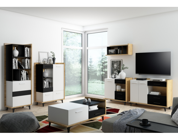 Obývacia izba Box - dub artisan / biela / čierna