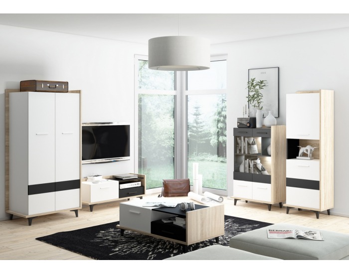TV stolík Box BOX-09 - sonoma svetlá / biela / čierna