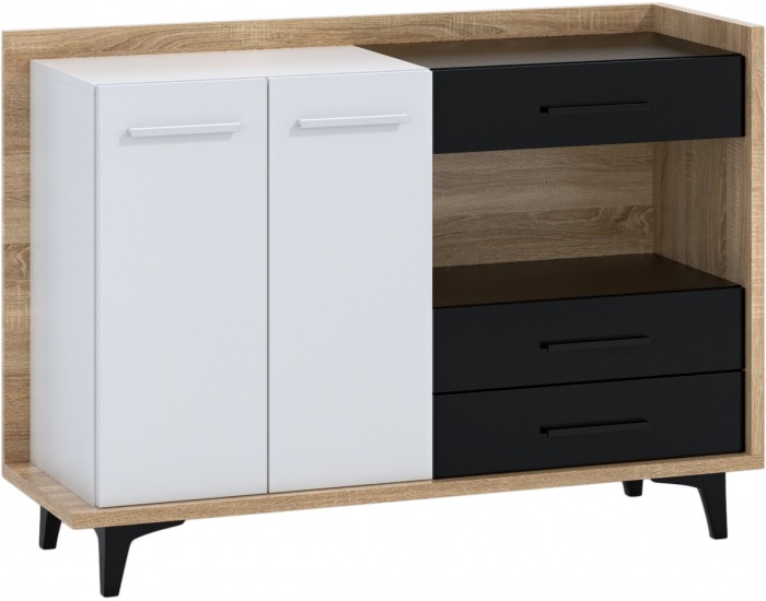 Komoda Box BOX-02 - sonoma svetlá / biela / čierna